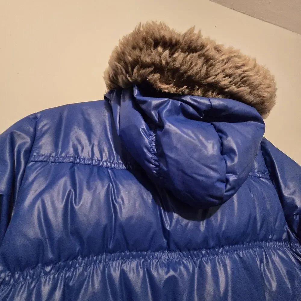 Hanna Andersson Down Long‎ Hooded Coat Girls Sz 140 9-10 Blue Fauz Fur Edge Warm